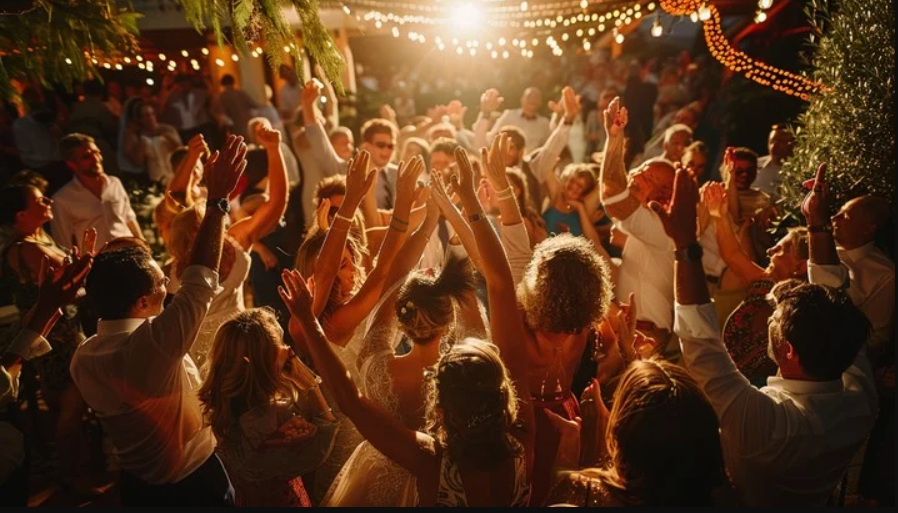 Atmosferă de petrecere la nuntă cu oameni dansând și distrându-se